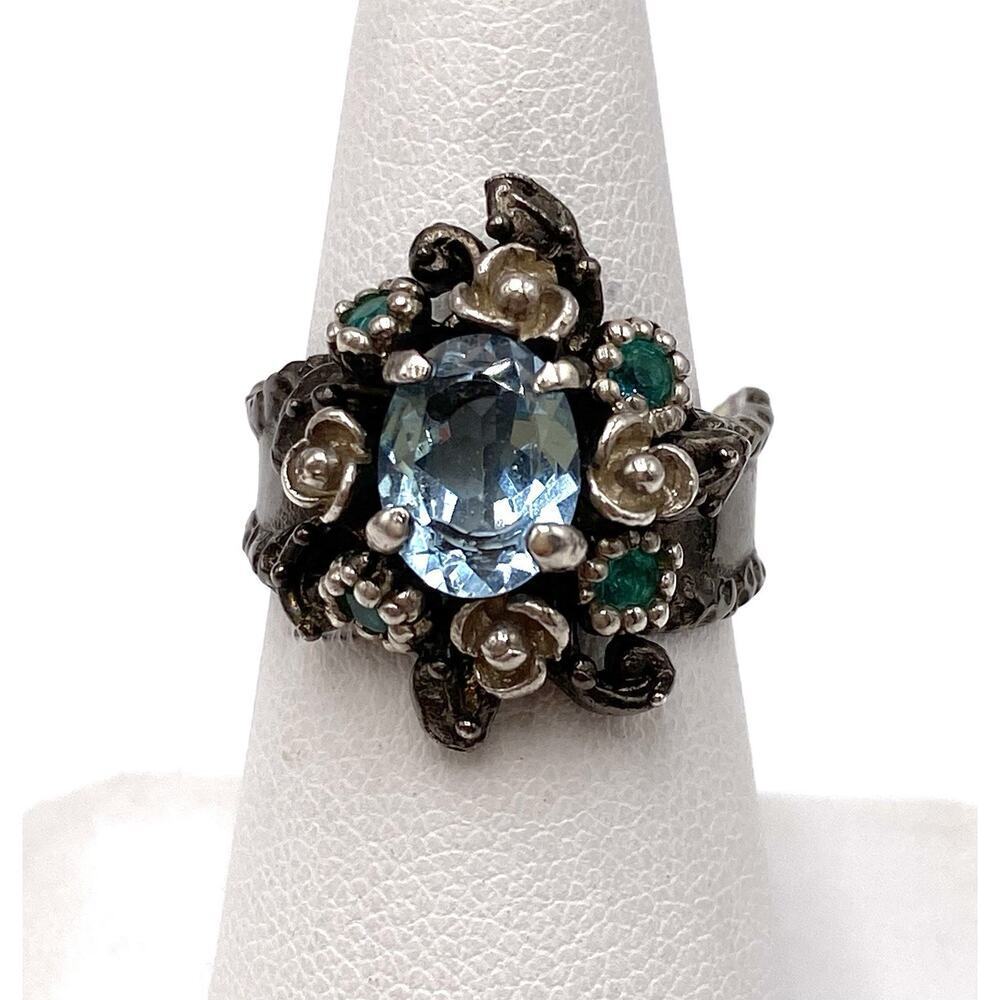 925 Sterling Silver Ring Blue Topaz Flowers Whimsical Curved 6.75